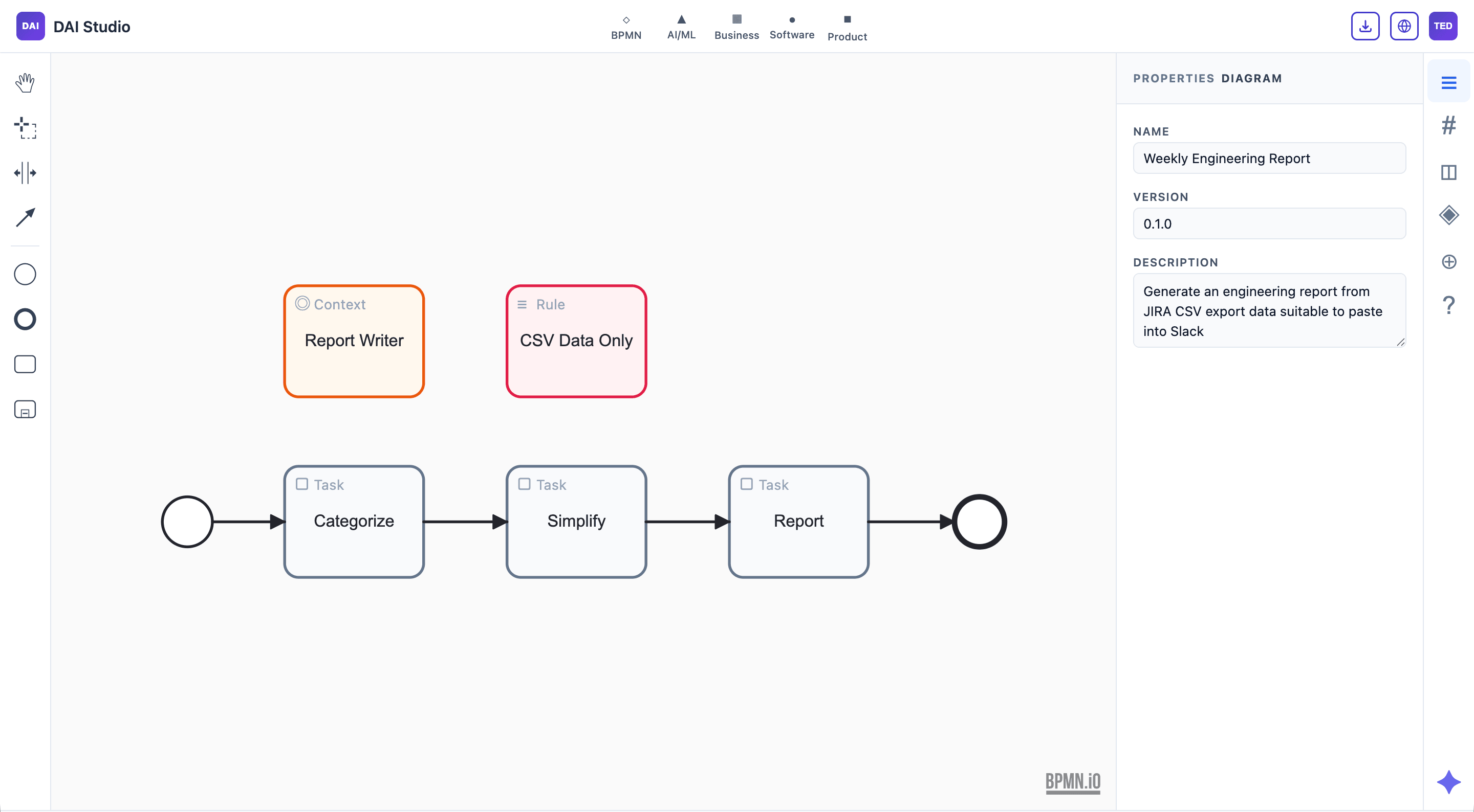 DAI Studio canvas showing another project workflow, demonstrating DAI's flexibility across different use cases